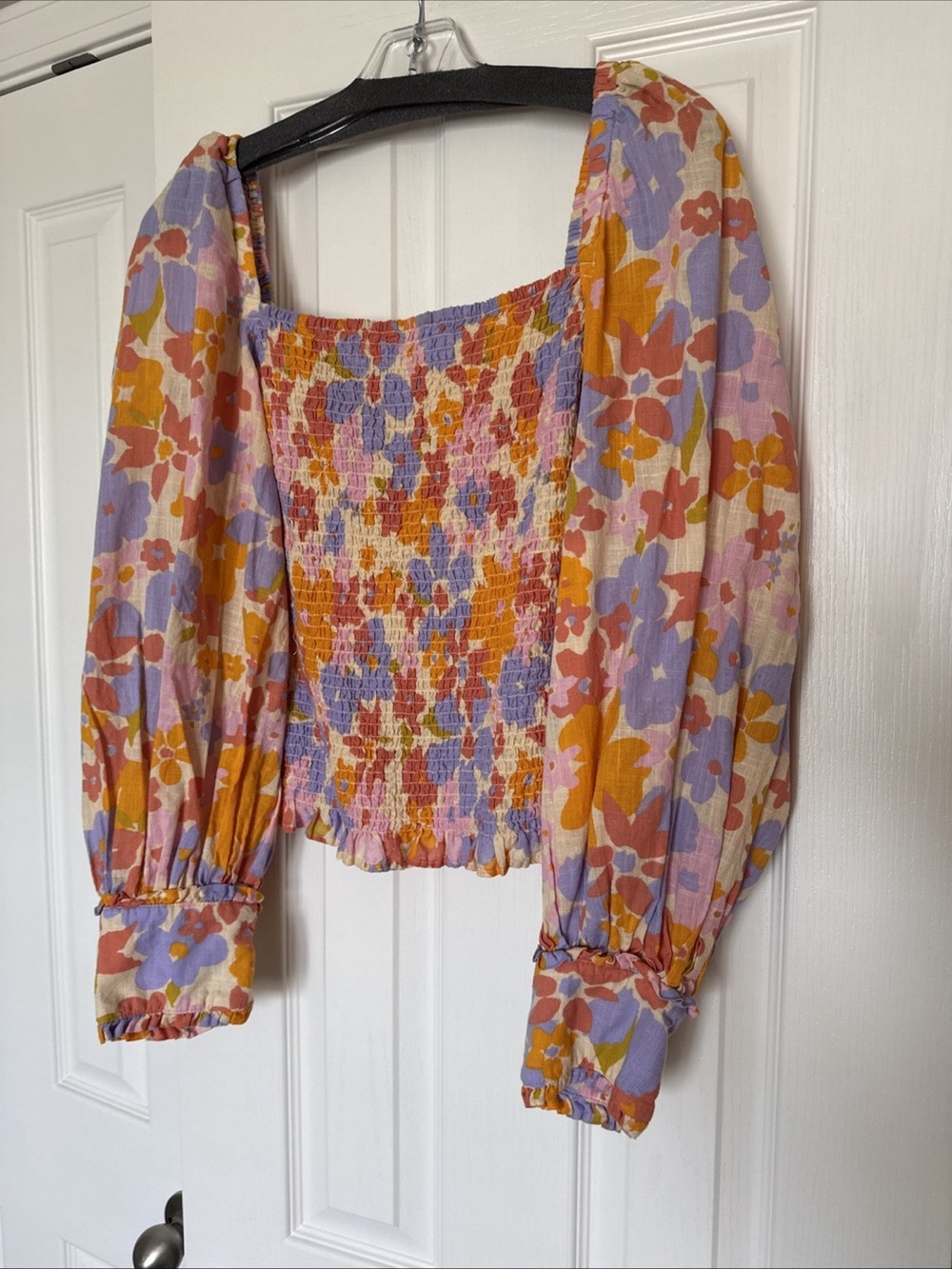 Free People Ariana Smocked Balloon Sleeve Top Orange Floral Print Large